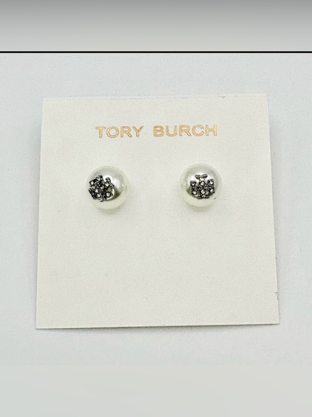 Tory Burch Pearl Stud Earrings with Gold-Accent Logo